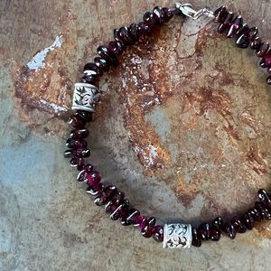 Tumbled Garnet Beads & Sterling Silver Carved Stations 8” Bracelet